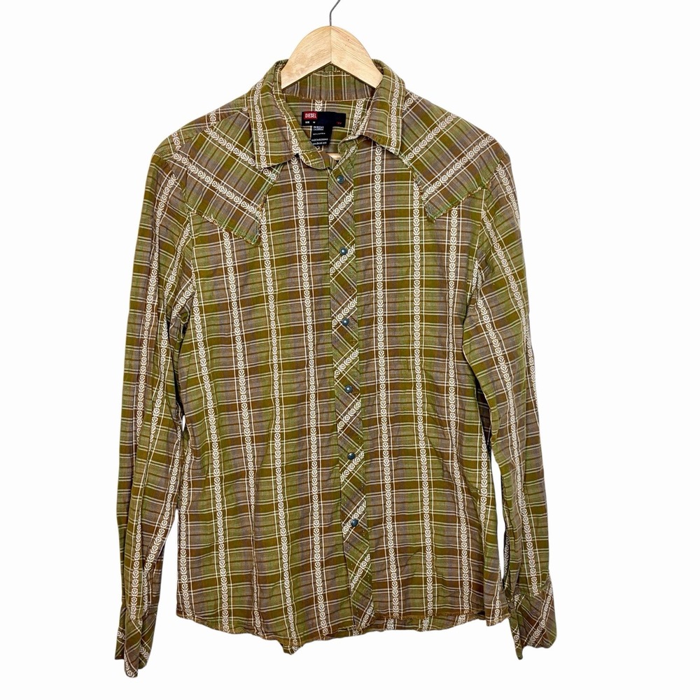 Diesel Y2K Pearl Snap Western Shirt Plaid Floral Mens Size M Yoke Cowboy Rodeo